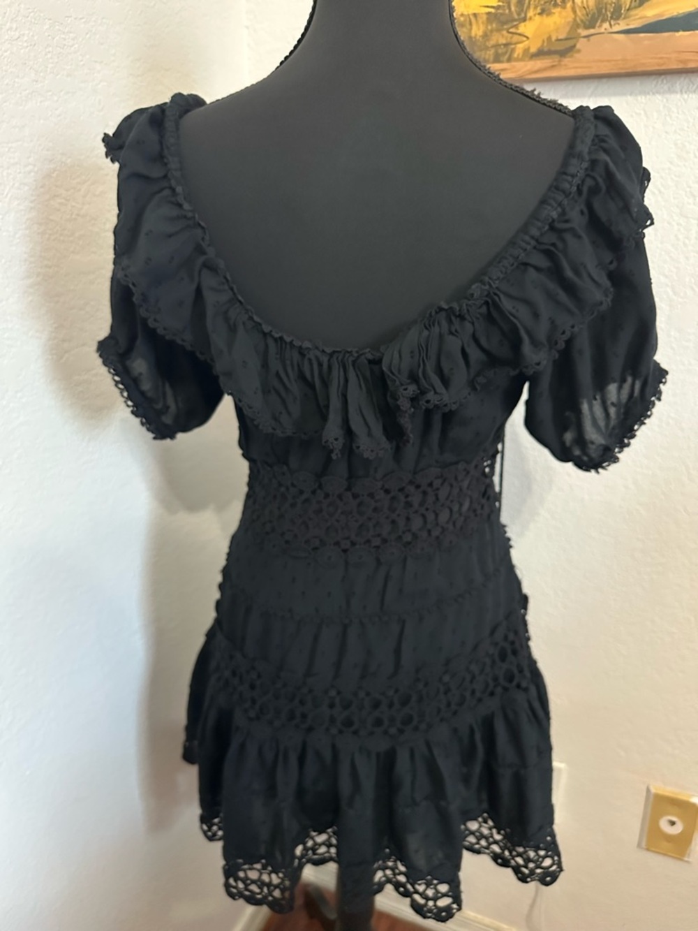 Free People Cruel Intentions Black Off-Shoulder Crochet Waist Mini Dress - Sz 6 - Picture 5 of 11